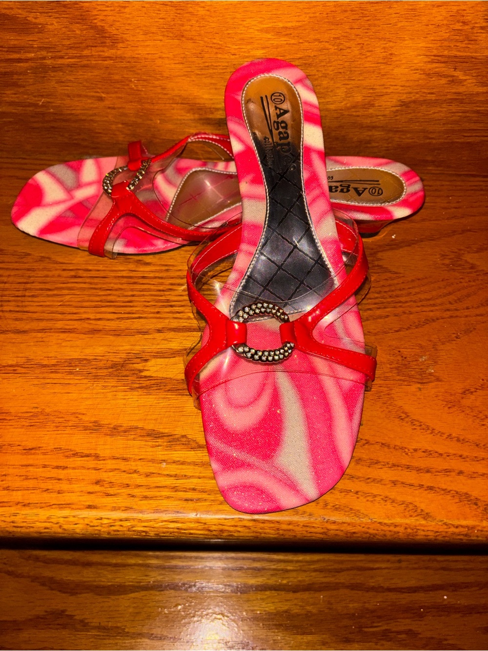 Agape Red & Pink Swirl Open-Toe Slide Mules with Decorative Ring